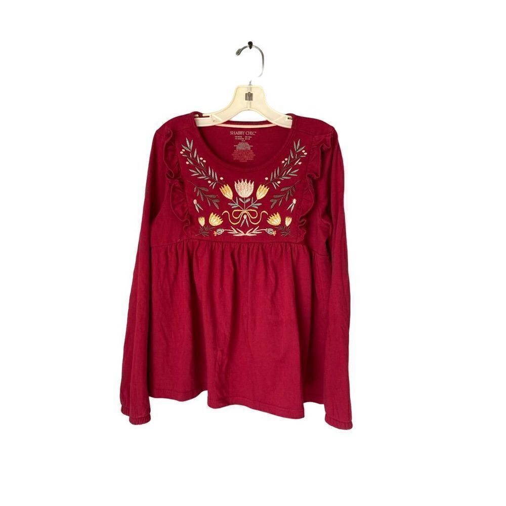Shabby chic girls burgundy embroidered long sleeve Ruffle trim top size medium￼